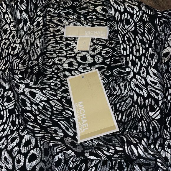 Michael Kors Black & Silver Shimmering Animal Print Blouse With Tie Size M NWT - Picture 5 of 10
